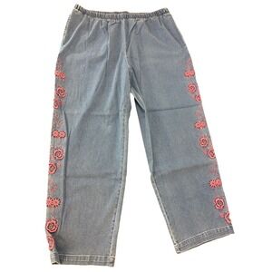 Denim&Co Denim Pink Rose‎ Floral Embroidered Pull On Jeans 2X Pockets High Rise
